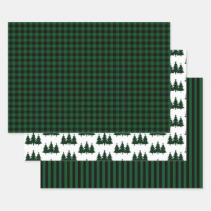 Green Buffalo Check Pine Trees Stripes Christmas Wrapping Paper Sheet