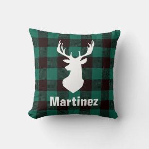 Green Buffalo Check Plaid Deer Head Family Cushion