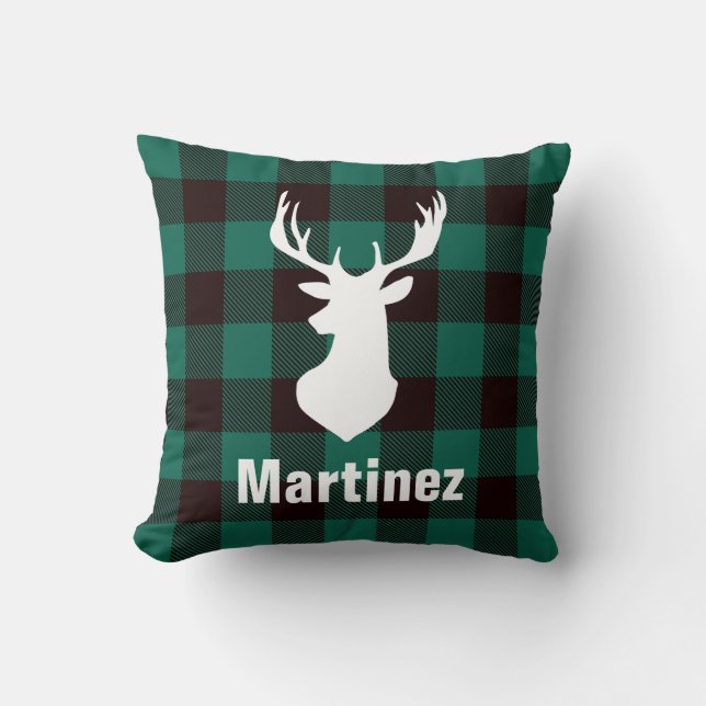 Green Buffalo Check Plaid Deer Head Family Cushion (Front)