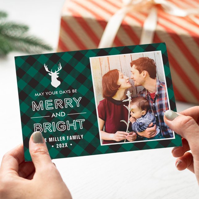 Green Buffalo Check Plaid Merry and Bright Photo Holiday Card (Creator Uploaded)