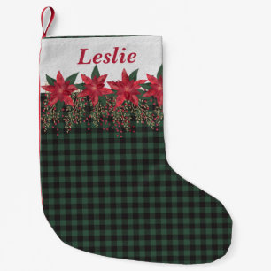 Green Buffalo Plaid And Poinsettias Personalised Small Christmas Stocking