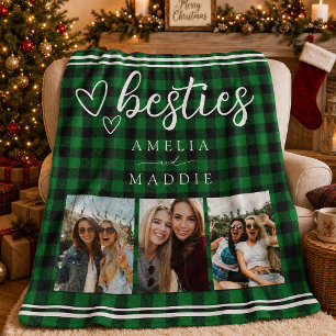 Green Buffalo Plaid Besties Photo Collage Sherpa Blanket