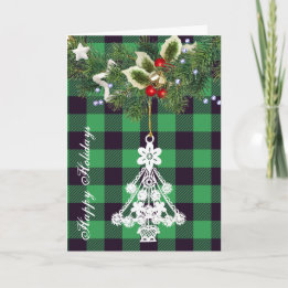 Green Buffalo Plaid Christmas Tree Silhouette Holiday Card