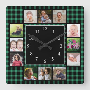 Green Buffalo Plaid Create Your Own Photo Collage Square Wall Clock