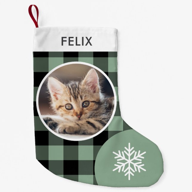 Green Buffalo Plaid Custom Pet Cat Photo Small Christmas Stocking (Front)