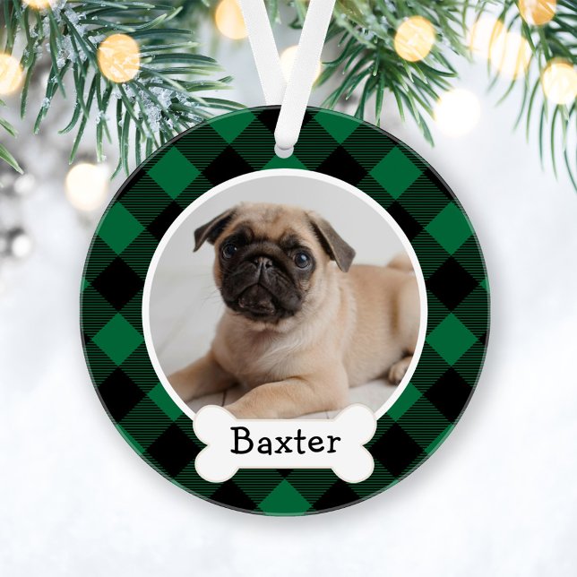 Green Buffalo Plaid Custom Pet Puppy Dog Photo Ornament (Creator Uploaded)