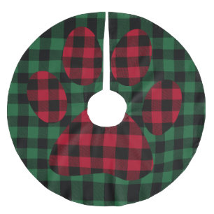 Green Buffalo Plaid & Dog Paw Print, Chequered Brushed Polyester Tree Skirt
