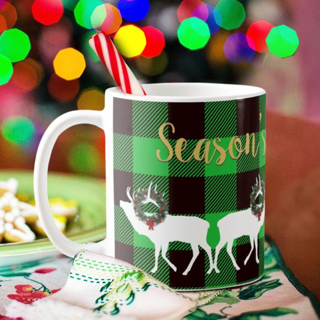 Green Buffalo Plaid Elk Christmas Wreath Coffee Mug (Creator Uploaded)
