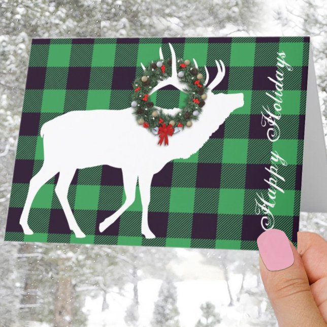 Green Buffalo Plaid Elk Silhouette Holiday Wreath Card (Creator Uploaded)