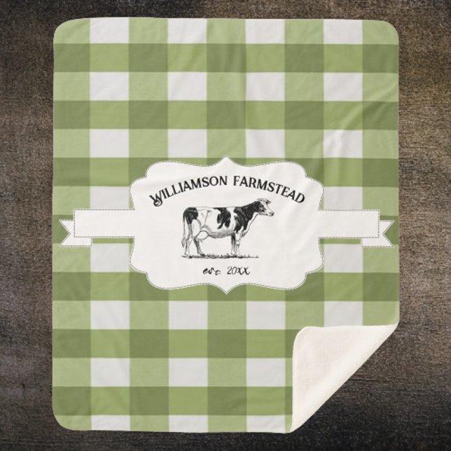 Green Buffalo Plaid Farm Cow Sherpa Blanket (Green Buffalo Plaid Farm Cow Personalized Sherpa Blanket)