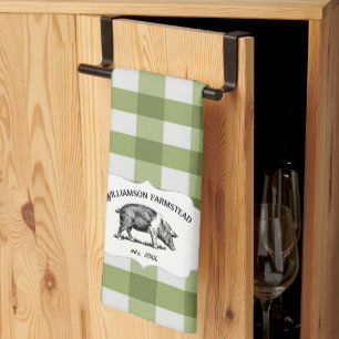 Green Buffalo Plaid Farm Pig Kitchen Towel