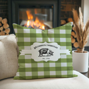 Green Buffalo Plaid Farm Pig Throw Pillow