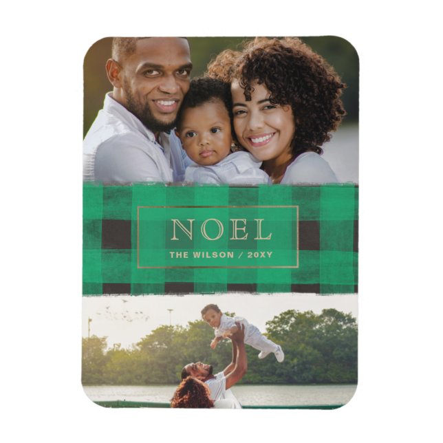 Green Buffalo Plaid Gold Frame NOEL Multiple Photo Magnet (Vertical)