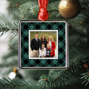 Green Buffalo Plaid Holiday Photo Metal Ornament