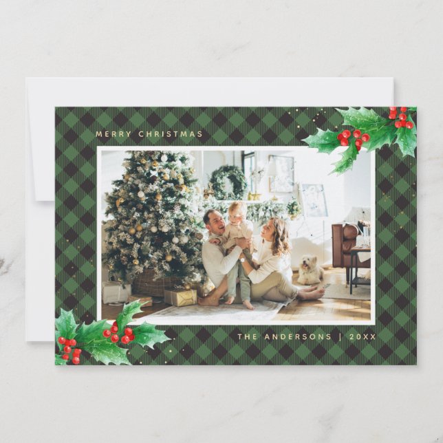 Green Buffalo Plaid Holly Photo Christmas Cards (Front)