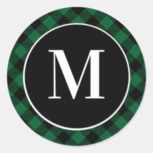 Green  Buffalo Plaid Initial Monogram Classic Round Sticker