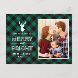 Green Buffalo Plaid Merry Bright Holiday Photo Postcard