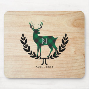 Green Buffalo Plaid Monogram Stag Mouse Pad