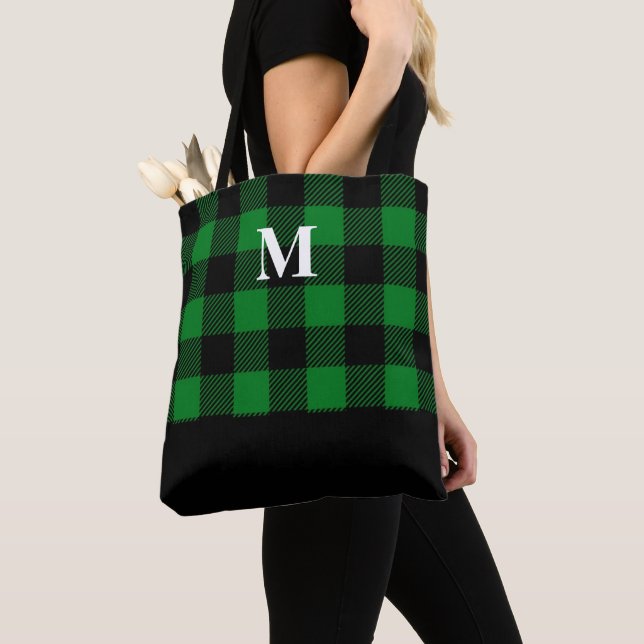 Green Buffalo Plaid Monogram Tote Bag (Close Up)