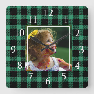 Green Buffalo Plaid One Photo Rustic Farmhouse Square Wall Clock