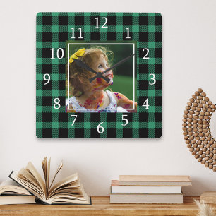 Green Buffalo Plaid One Photo Rustic Farmhouse Square Wall Clock
