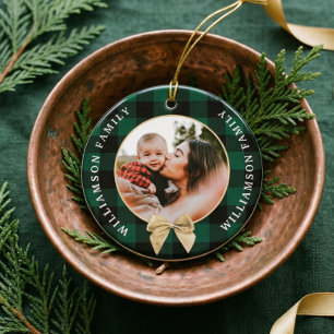 Green Buffalo Plaid Pattern Gold Bow Family Photo Ceramic Ornament
