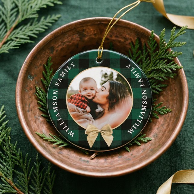 Green Buffalo Plaid Pattern Gold Bow Family Photo Ceramic Ornament (Personalized Green Buffalo Plaid Family Photo Ceramic Ornament)