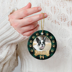 Green Buffalo Plaid Pattern Gold Bow Family Photo Ceramic Ornament