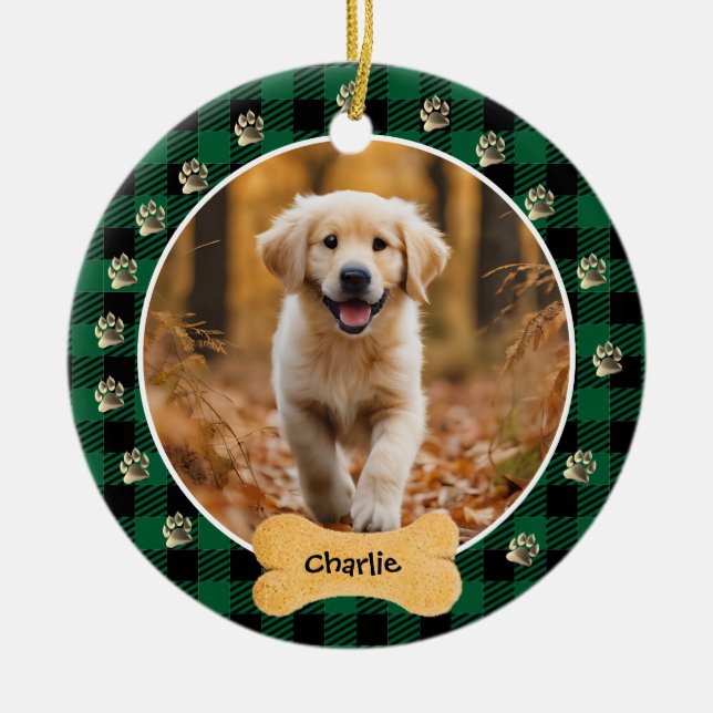 Green Buffalo Plaid Pattern Gold Pet Print Family Ceramic Ornament (Front)
