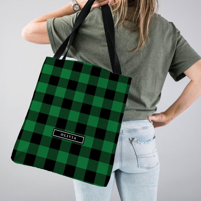 Green Buffalo Plaid Pattern Monogrammed Bridesmaid Tote Bag (Creator Uploaded)