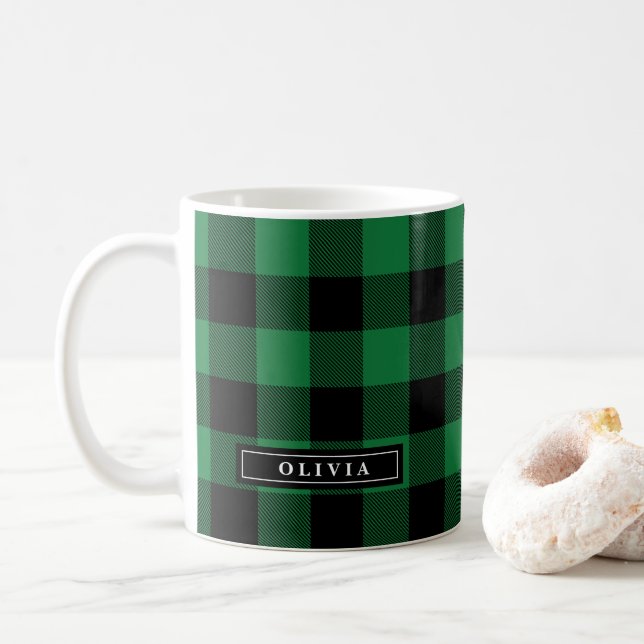 Green Buffalo Plaid Pattern Monogrammed Mug (With Donut)