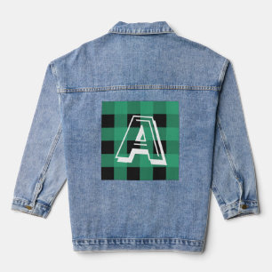 Green Buffalo Plaid Patterned Monogrammed Denim Jacket