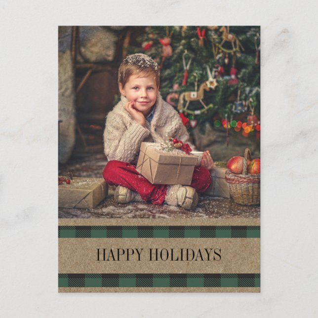 Green Buffalo Plaid Photo Happy Holidays Postcard (Front)