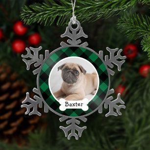 Green Buffalo Plaid Puppy Dog Photo Snowflake Pewter Christmas Ornament