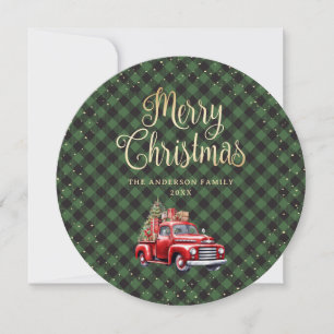 Green Buffalo Plaid Red Truck Christmas Cards