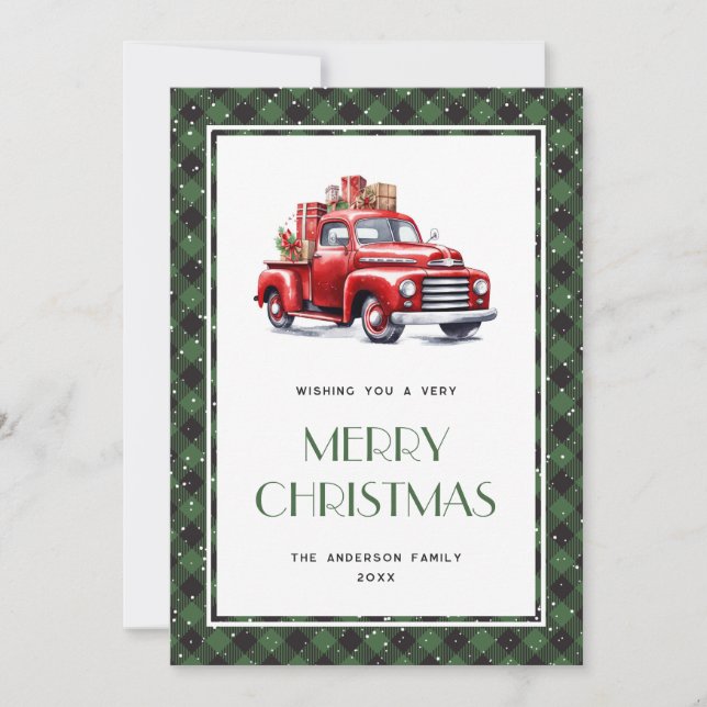 Green Buffalo Plaid Red Truck Merry Christmas Card (Front)