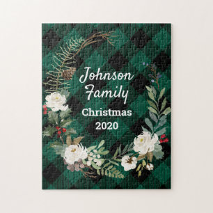 Green Buffalo Plaid Rose Floral Family Christmas Jigsaw Puzzle