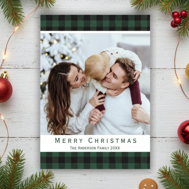 Green Buffalo Plaid Rustic Merry Christmas Photo Holiday Card (Green Buffalo Plaid Rustic Merry Christmas Photo Holiday Card)