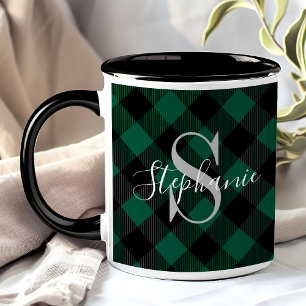 Green Buffalo Plaid Rustic Monogram Name Mug