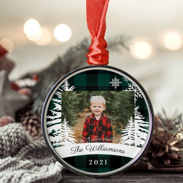 Green Buffalo Plaid Rustic Pine Trees Family Photo Metal Ornament (Green Buffalo Plaid Rustic Pine Trees Family Photo Metal Ornament)