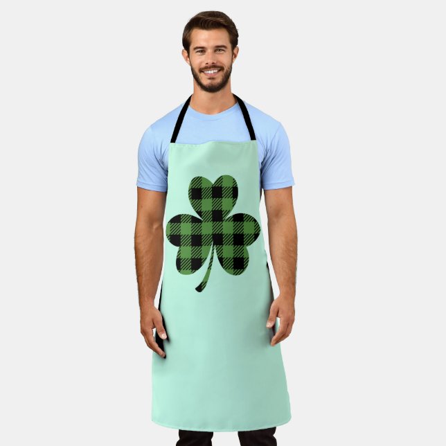 Green Buffalo Plaid Shamrock Clover Design-61104 Apron (Worn)