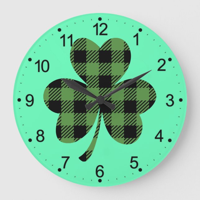 Green Buffalo Plaid Shamrock Clover Design-61104 Large Clock (Front)