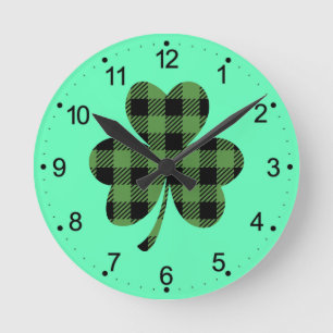 Green Buffalo Plaid Shamrock Clover Design-61104 Round Clock