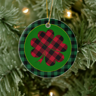 Green buffalo plaid Shamrock, Lucky Clover Charm Ceramic Ornament