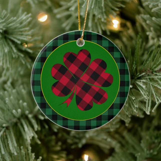 Green buffalo plaid Shamrock, Lucky Clover Charm Ceramic Ornament (Tree)