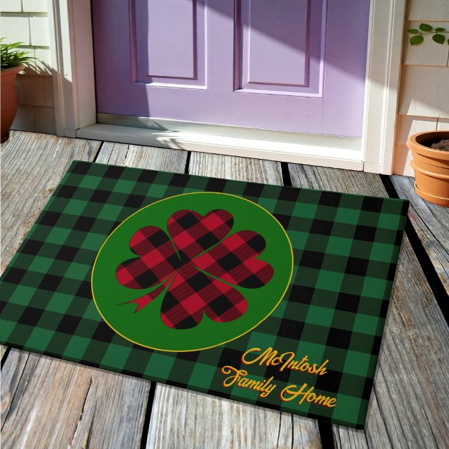 Green buffalo plaid Shamrock, Lucky Clover Charm Doormat (Creator Uploaded)