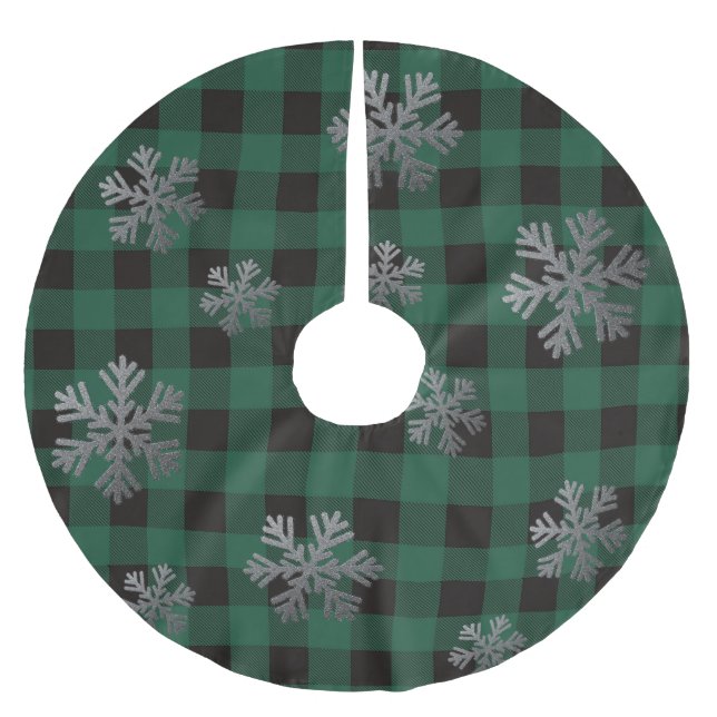 Green Buffalo Plaid Silver Glitter Snowflakes Brushed Polyester Tree Skirt (Front)