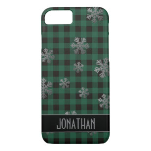 Green Buffalo Plaid Silver Glitter Snowflakes iPhone 8/7 Case