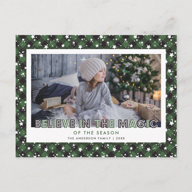 Green Buffalo Plaid Snow Stars Believe Photo Holiday Postcard (Front)