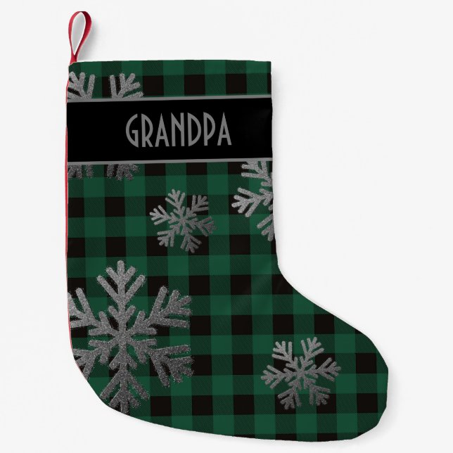 Green Buffalo Plaid Sparkly Snowflakes Small Christmas Stocking (Front)